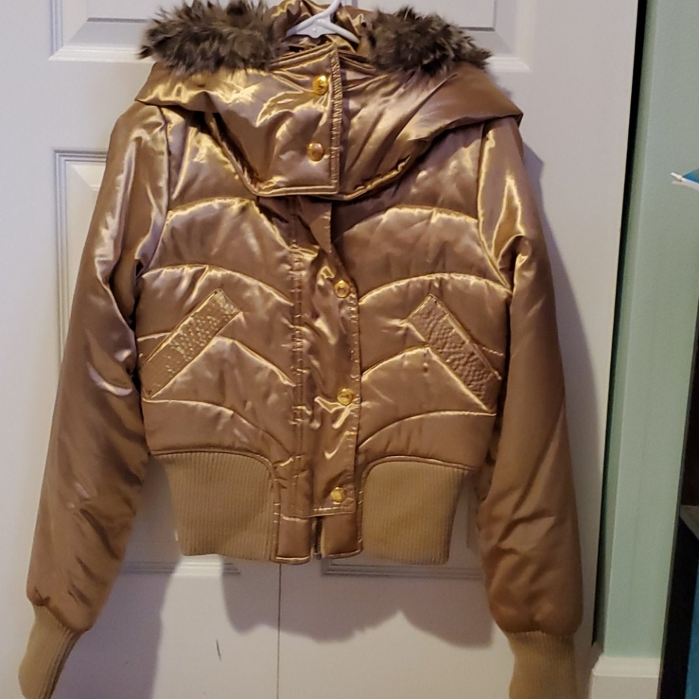 Gold winter coat with fur hood